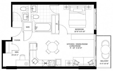 Floor plan for 1 bed, 2 baths, 547 sqft